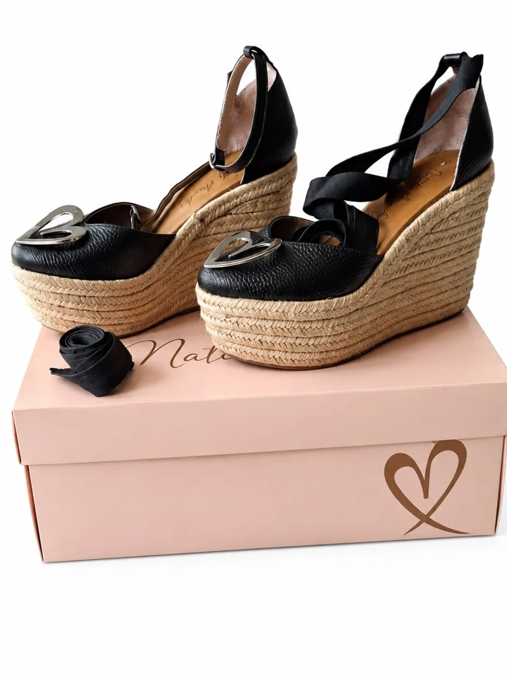 Black Heart-Accent Espadrille Wedges with Ankle Tie